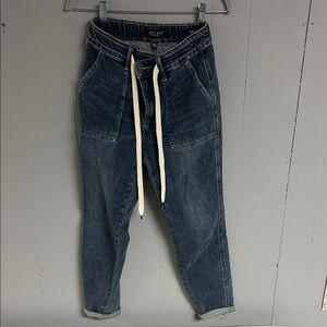Judy Blue Denim Joggers with Cream Drawstring